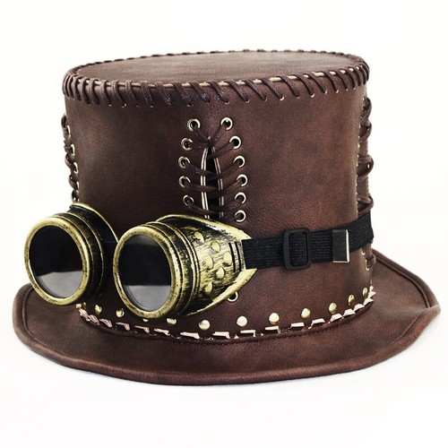 Unisex Cosplay Top Hat Faux Leather Halloween Steampunk Retro with Goggles Hat - Picture 10 of 10
