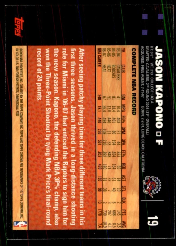 Tarjetas de baloncesto 2007-08 Topps cromadas Jason Kapono #19 Foto 2 de 2