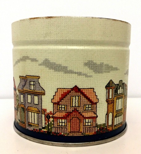 Round Metal Tin Faux Cross Stitch Design House Cottage - Picture 8 of 12