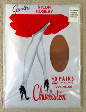 Vtg 1950's Stockings Nylons CHARLESTON Seamless 2 Pair Sz 8 1/ 2 BEIGE Micromesh