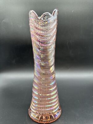 Imperial Iridescent Pink Ripple Swung Vase LIG Mark Flea bite On Base HTF