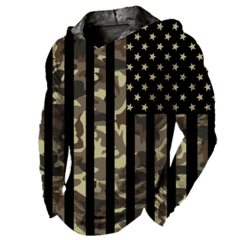 Men Hoodie Pullover Hooded Brown Camo Graphic USA American Flag Soft LightWeight