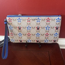 Karl Lagerfeld Paris Wristlet Makeup Cosmetic Pouch Tan Blue Red-NWT