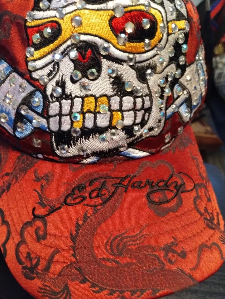 Don Ed Hardy Designs por Christian Audigier Trucker Sombrero Rojo Calavera Corredor Amor Snap Foto 4 de 4