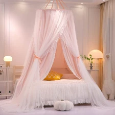 VETHIN Double Layer Princess Round Dome Bed Canopy, Bedroom Decor (Pink/White)
