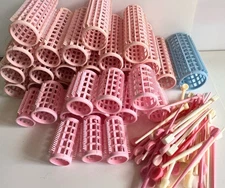 Lot of 33 Vintage Pink Plastic Hair Rollers with 50 Picks