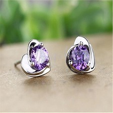925 Sterling Silver Hypo-allergenic Purple Crystal Heart Stud Post Earrings E733