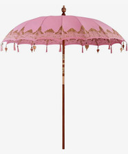 Pink & Gold Round Balinese Parasol, Fabric Canopy, Tassels, Wooden Pole