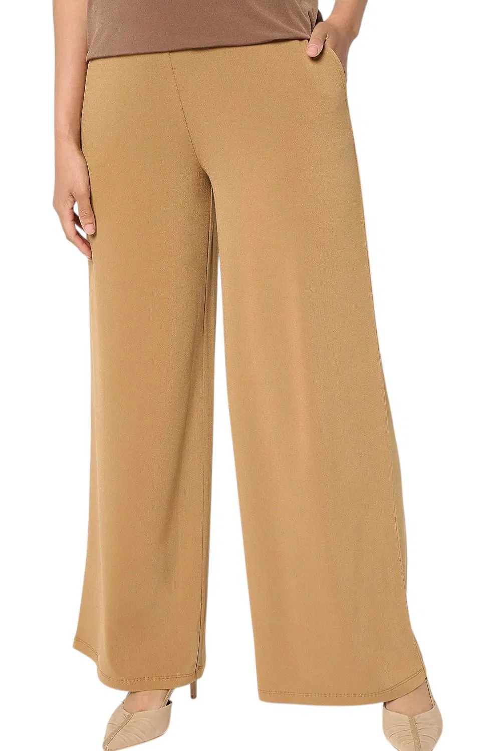 Susan Graver Women's Every Day Liquid Knit Wide-Leg Pants Caramel