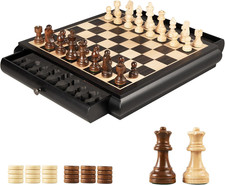 Wooden Chess Checkers Game Set 15.5" Large Size Board W/Storage Drawers, Weighte
