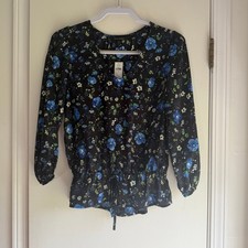 Banana Republic Womens XS Blue Floral V-Neck Peplum Blouse 3/4 Sleeve NWT