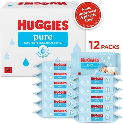 Huggies Pure Plastic Free Baby Wipes - Pack of 12 (576 Wipes) - 99% Water Wet