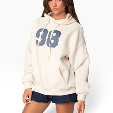 Edikted Women Cream 98 Varsity Oversized Fleece Hoodie Size S NWT