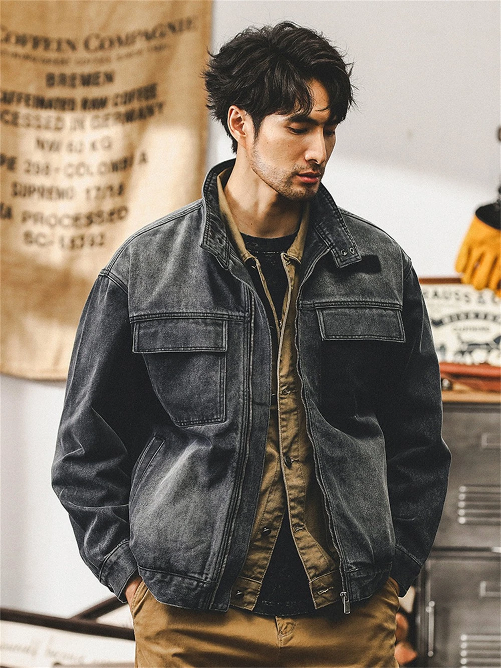 Mens Denim Jacket Jean Coat Slim Fit Casual Clothing Long Sleeve Outwear