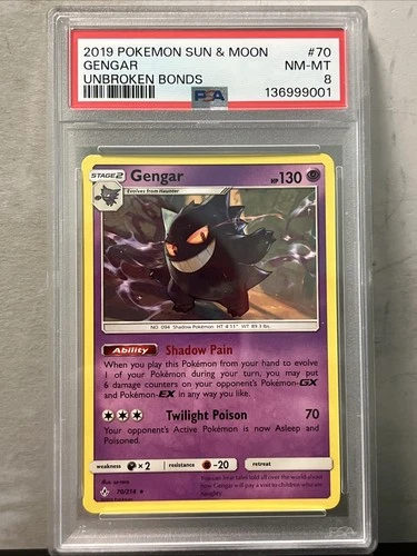 PSA 8 Gengar 70/214 Sm-Unbroken Bonds Regular