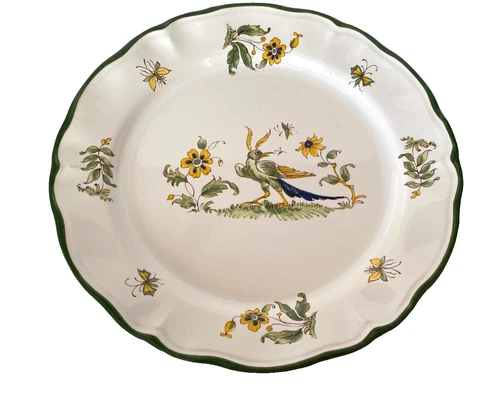 Varages Vieux Provence Bird Green Trim Scalloped Rim 11 Inch Dinner Plate