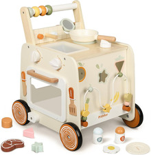 Wooden Baby Walker, 3-In-1 Baby Push Walker, with Pretend Kitchen, Montessori Se