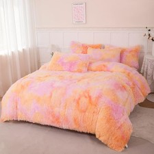 Fluffy Bedding Set Twin Size 3 Pieces Orange Pink Faux Fur Shaggy Comforter