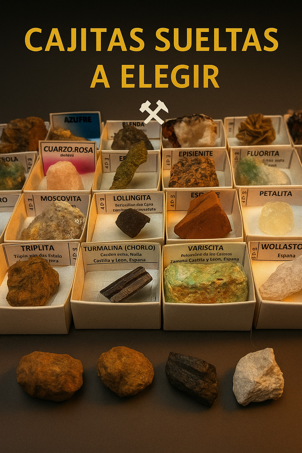 MINERALES en cajita carton 4x4 cms con etiqueta ¡232 DIFERENTES COLECCIONALOS!