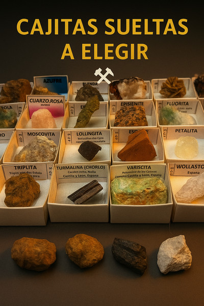 MINERALES en cajita carton 4x4 cms con etiqueta   ¡228 DIFERENTES COLECCIONALOS!