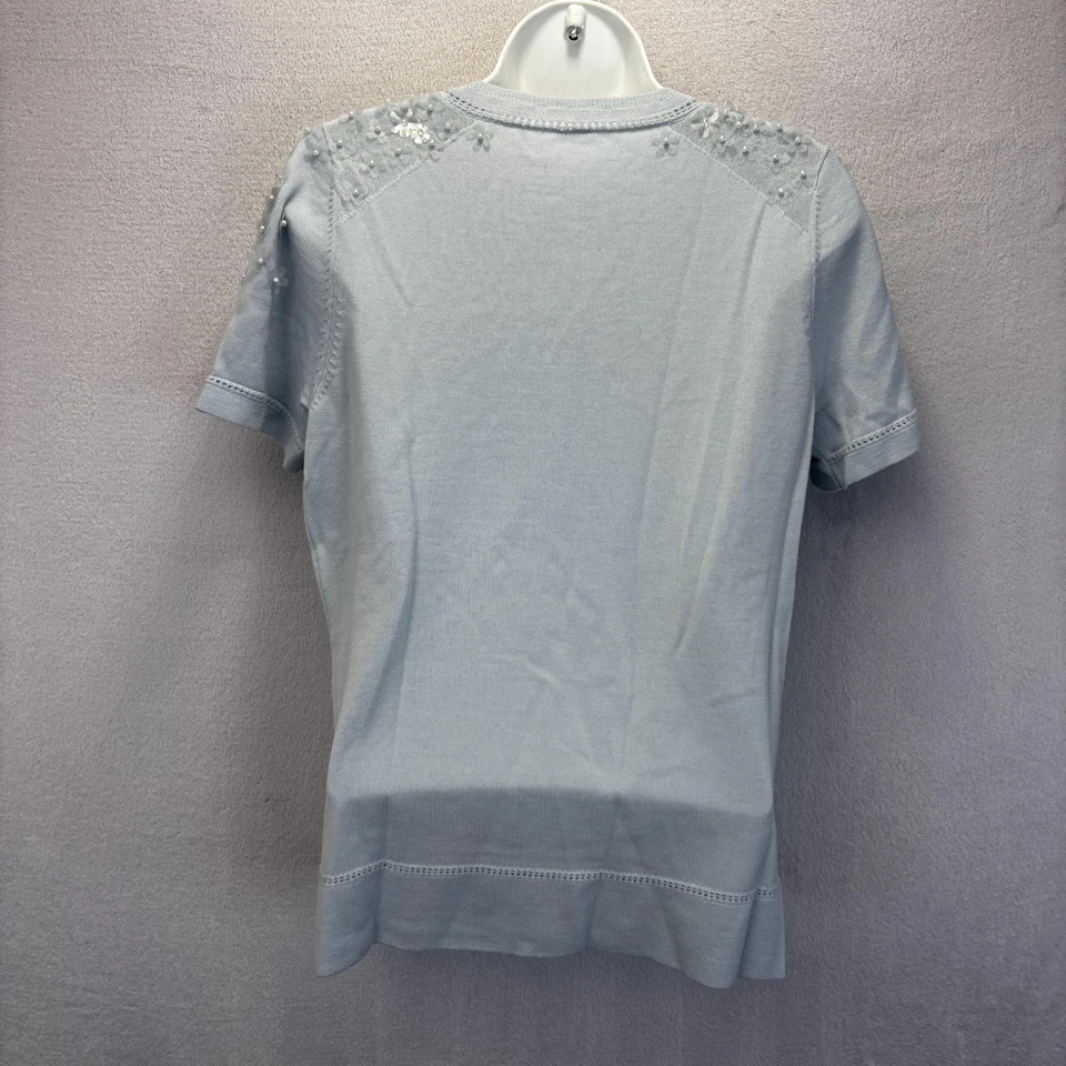 Suéter de manga corta con cuentas de lana merino Elie Tahari azul medio suave acogedor Foto 3 de 4