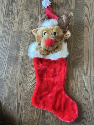 Vtg 80s Reindeer Christmas Stocking 3D Santa Hat Flat Eyes Fukei Ind. 2 Avail
