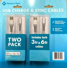 Member's Mark USB Type A to 8 Pin 3ft and 6ft Cables - 2 Pack