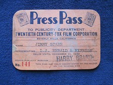 ORIGINAL 1940 20th CENTURY-FOX STUDIO PASS for Hollywood Columnist JIMMY STARR