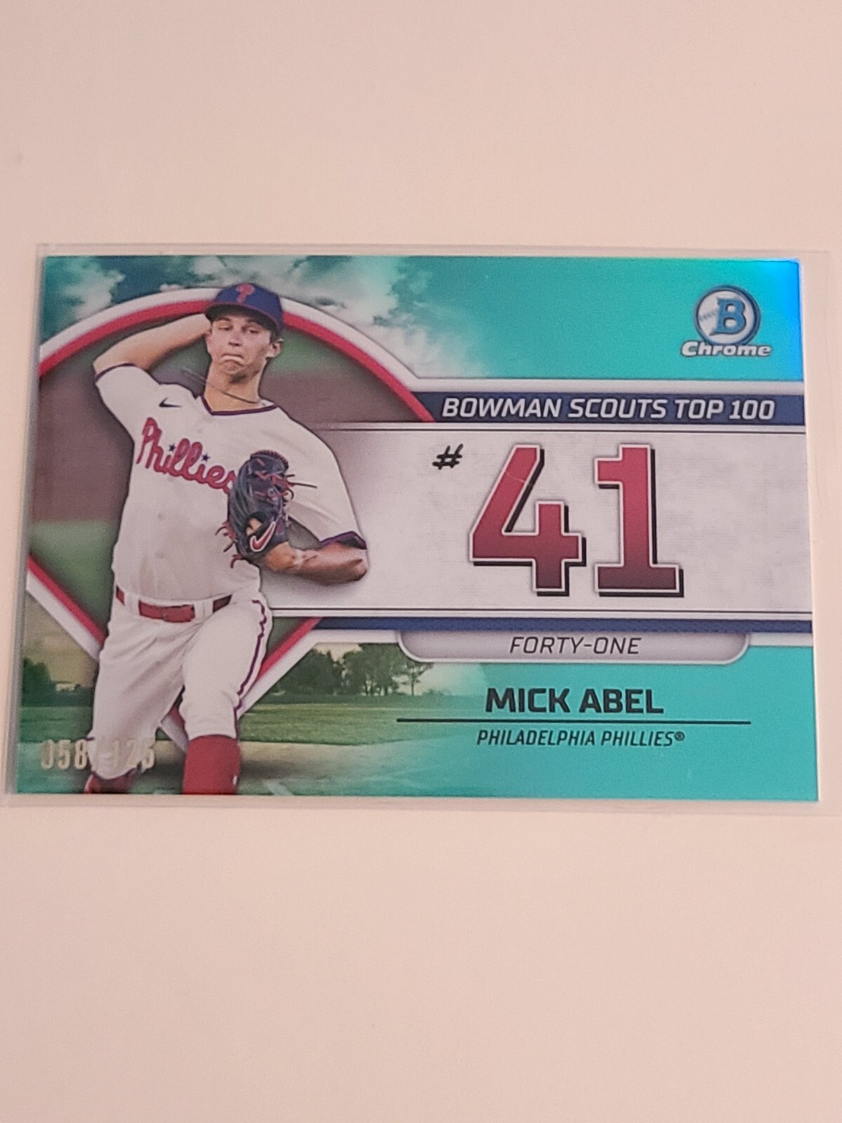 2023 Bowman Scouts’ Top 100 Aqua Refractor Mick Abel 035/125 Philadelphia