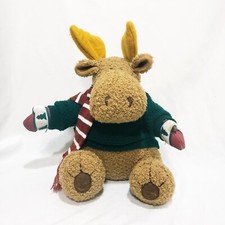 Moose Sitting up in Sweater Scarf Plush Stuffed Animal Toy 12" Brown Green