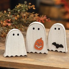 NEW Primitive HALLOWEEN Sitters Wooden Ghost 3 pcs 2.75"Wx3.5" to 4"T Aged White
