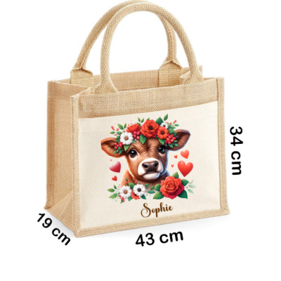 Personalisierte XL Jute Beuteltasche süße Hochlandkuh mit Blumen Name/Text hinzufügen