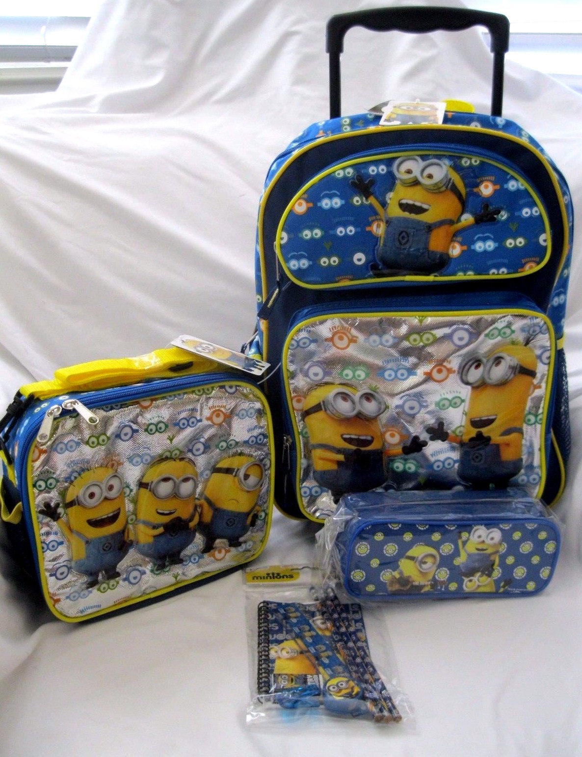 Despicable Me 2 Minions 12" Rolling Backpack,Lunchbox,Pencil Case&Stationary-New