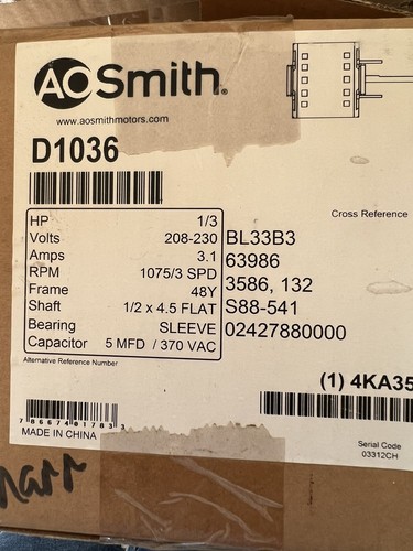 Century D1036 Motor,Psc,1/3 Hp,1075,208-230V,48Y,Oao - Picture 6 of 6