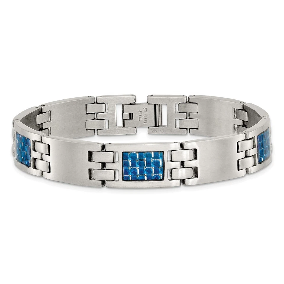 Pulsera para hombre de 8,5" de acero inoxidable cepillado con incrustación de fibra de carbono azul Foto 4 de 4