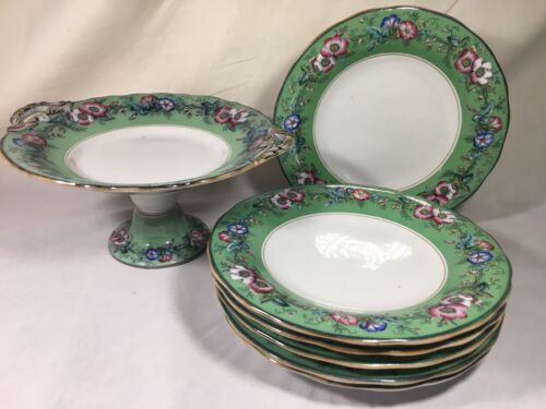 c1850 Staffordshire T. Dimmock Pearl Ware "Rose Border" COMPOTE & PLATES #3572 - Picture 4 of 12