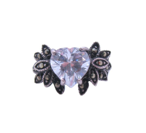 Anillo Vintage Plata Esterlina Corazón Circonita Cúbica Marcasita Talla 5.75