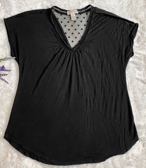 Loft Black Top Mesh Back Detail Size XS Loose Fit Casual V Neck