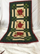 Reversible Christmas Poinsettias Table Runner Quilted 36x18 In