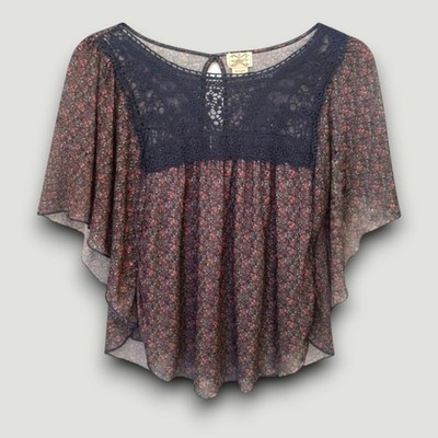 Eyelash Couture Blouse M Navy Floral Sheer Whimsigoth Festival Ethereal