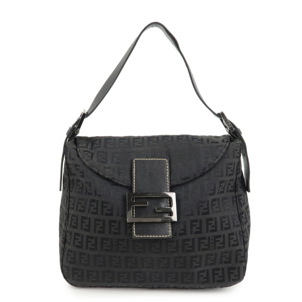 FENDI Mamma Baguette Zucca Zucchino Canvas Leather Black Shoulder Bag Pre-owned