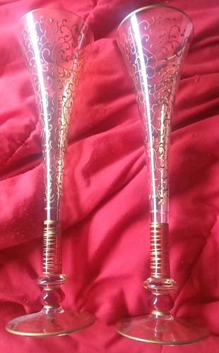 Set of 2 Pier 1 Champagne Flutes 10.5" Rioja Tall Red Gold Lattice - Picture 2 of 7