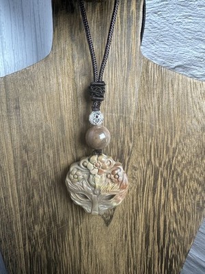 Polychrome Jasper Fox Mask Pendant Necklace On Adjustable Rope