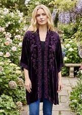 NEW Johnny Was L Large Deep Purple Velvet Kimono Wrap Cardigan Embroidered Bird