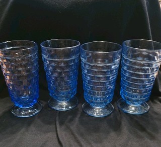 Stunning Vintage Indiana Glass Whitehall Cubist Ice Blue Footed Tumblers Set 4