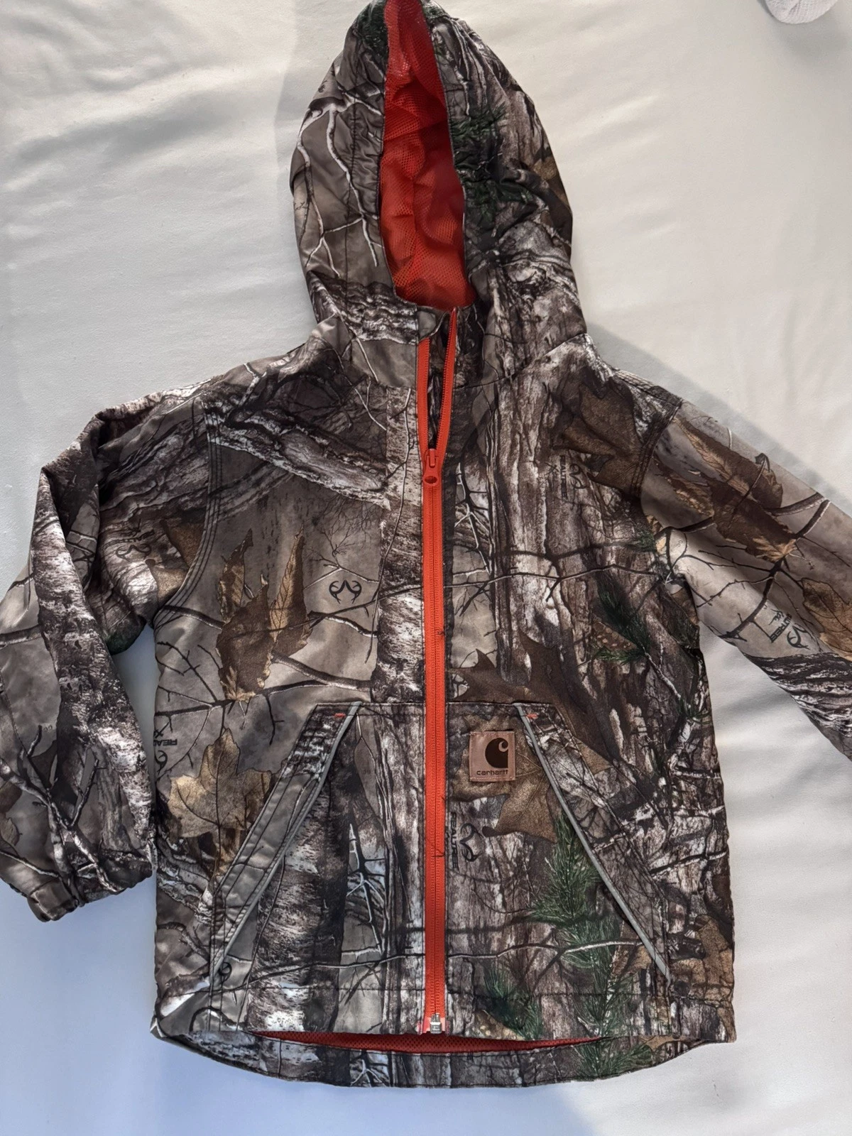 Carhartt Kids Realtree Xtra Camo Hooded Windbreaker Jacket Orange Zip Size XS 6Y