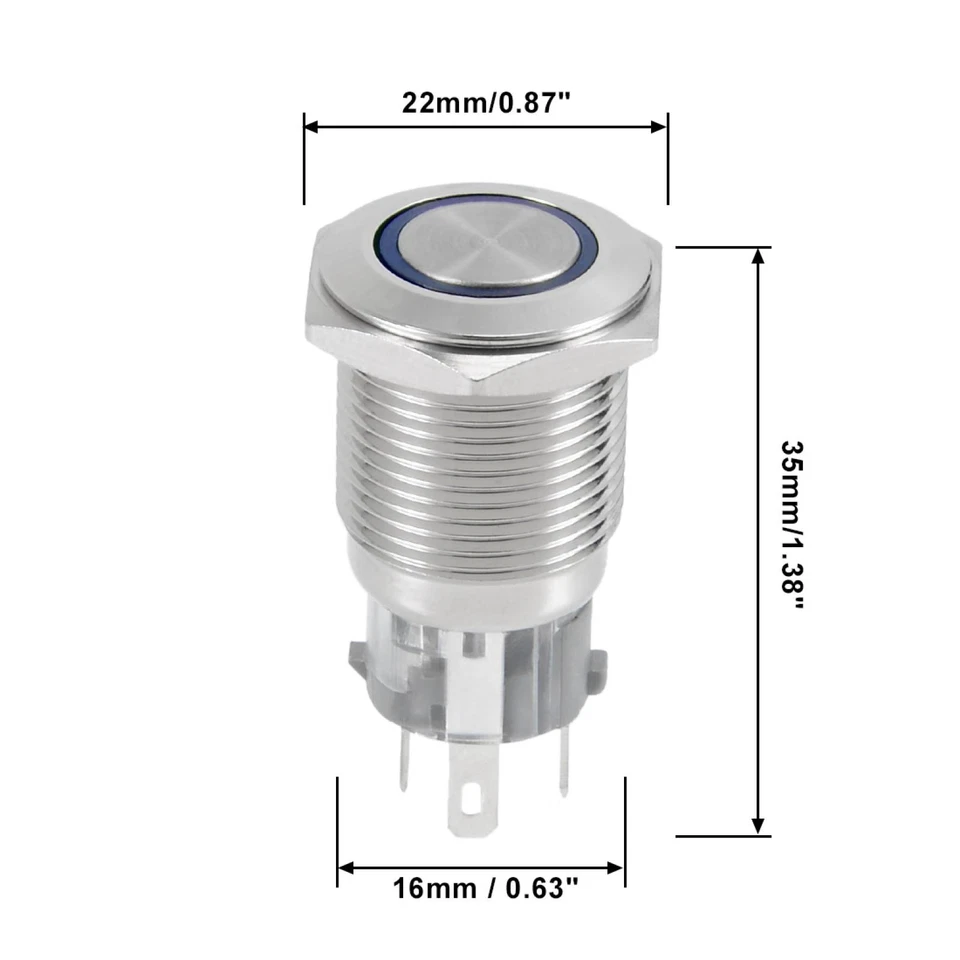 Momentary Push Button Switch 16mm Mounting Dia 5A 1NO 1NC 12V Blue LED Light - Image 3 of 4