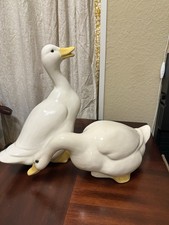 RARE Set Of 2 Vintage 1984 Large Hand painted White Ceramic Duck/Goose Figurine