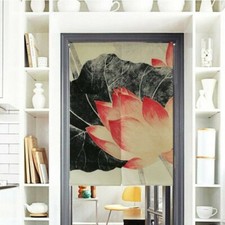 Chinese Lotus Print Gate Curtains Panel Doorway Home Bathroom Adorn Cotton Linen