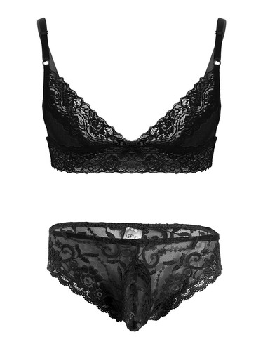 Mens Satin Sissy Lingerie Set Ruffled Frilly Bra Top G-string Thong Sleepwear - Picture 59 of 69